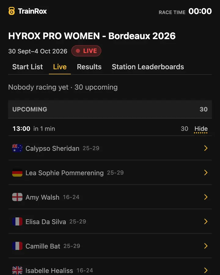 The PRO Women 13:00 wave at HYROX Bordeaux 2026 on the Live tab, replayed at speed